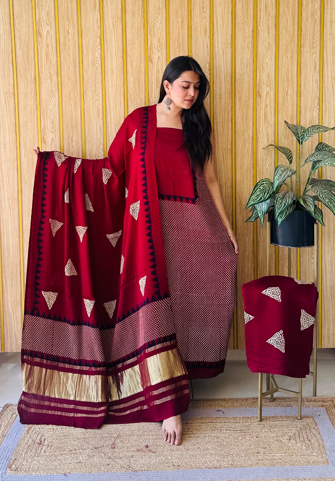 Pure Modal Silk Ajrakh Hand-Block Printed Suit