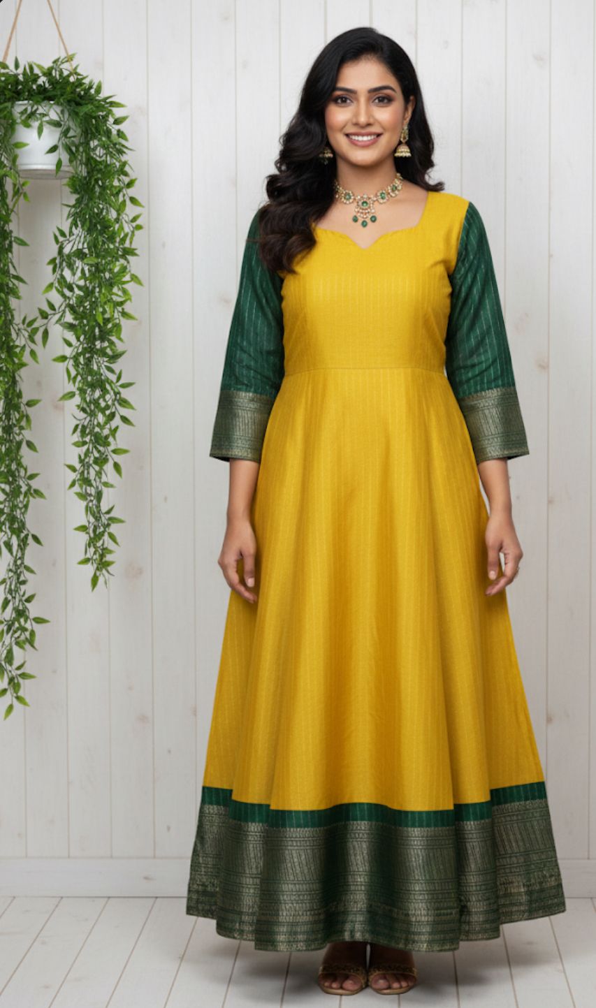 Golden Yellow Silk Anarkali Kurti with Green Border