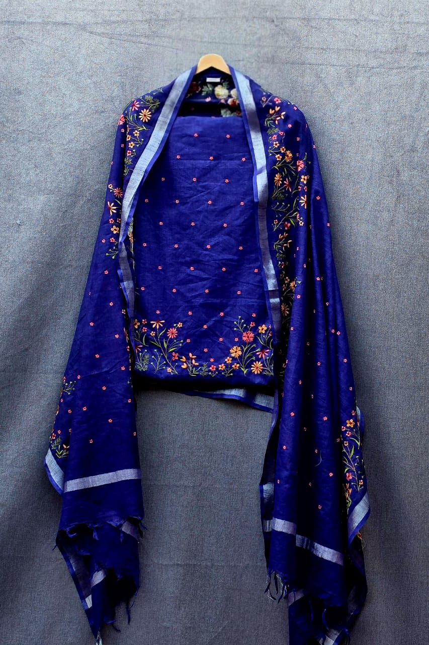 Pure Linen Floral Embroidery Suit Set - Midnight Blue