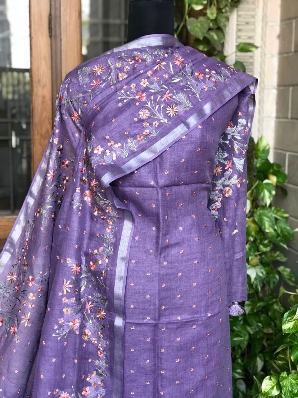 Pure Linen Floral Embroidery Suit Set - Midnight Blue