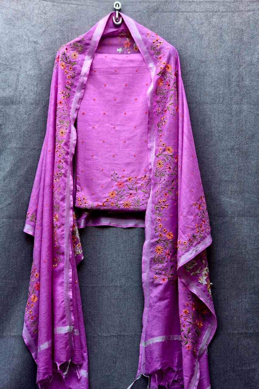 Pure Linen Floral Embroidery Suit Set - Midnight Blue