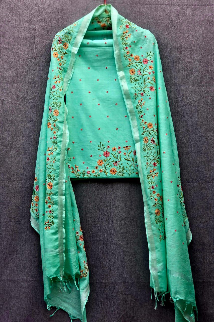 Pure Linen Floral Embroidery Suit Set - Midnight Blue