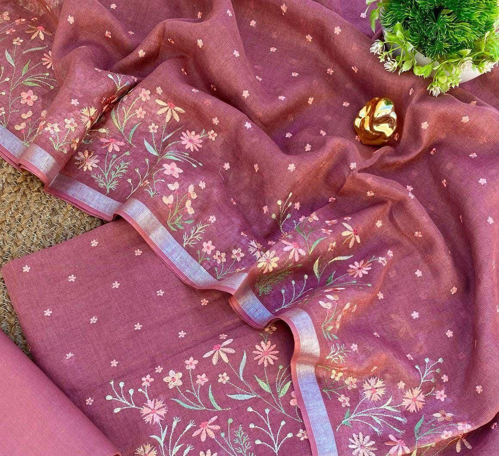 Pure Linen Floral Embroidery Unstitched Suit Set (3-Piece)