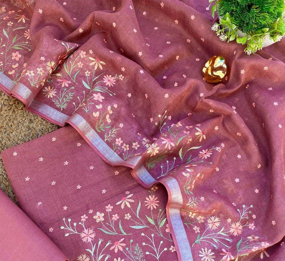 Pure Linen Floral Embroidery Unstitched Suit Set (3-Piece)