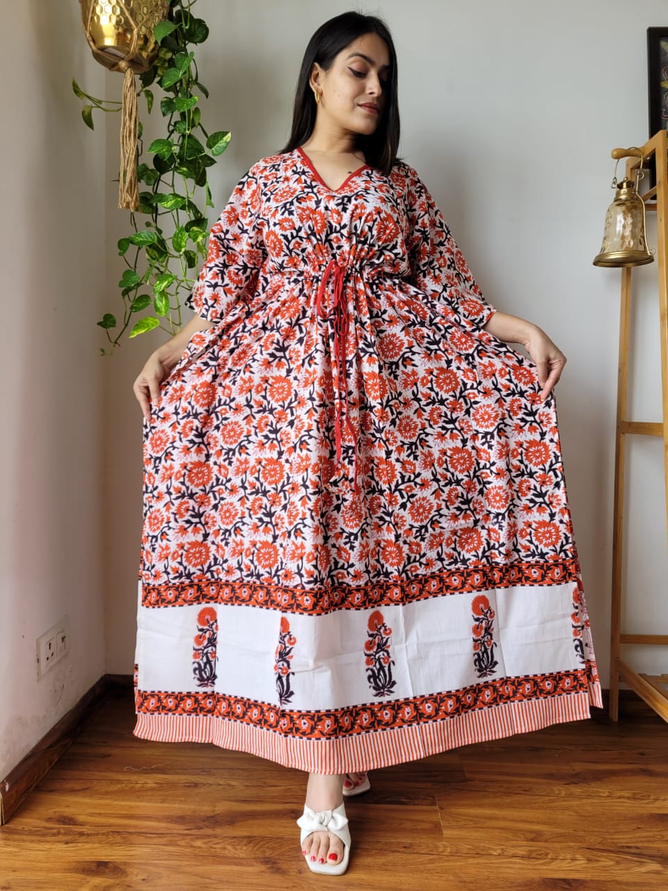 Hand Block Printed 100% Pure Cotton Kaftan Maroon Red