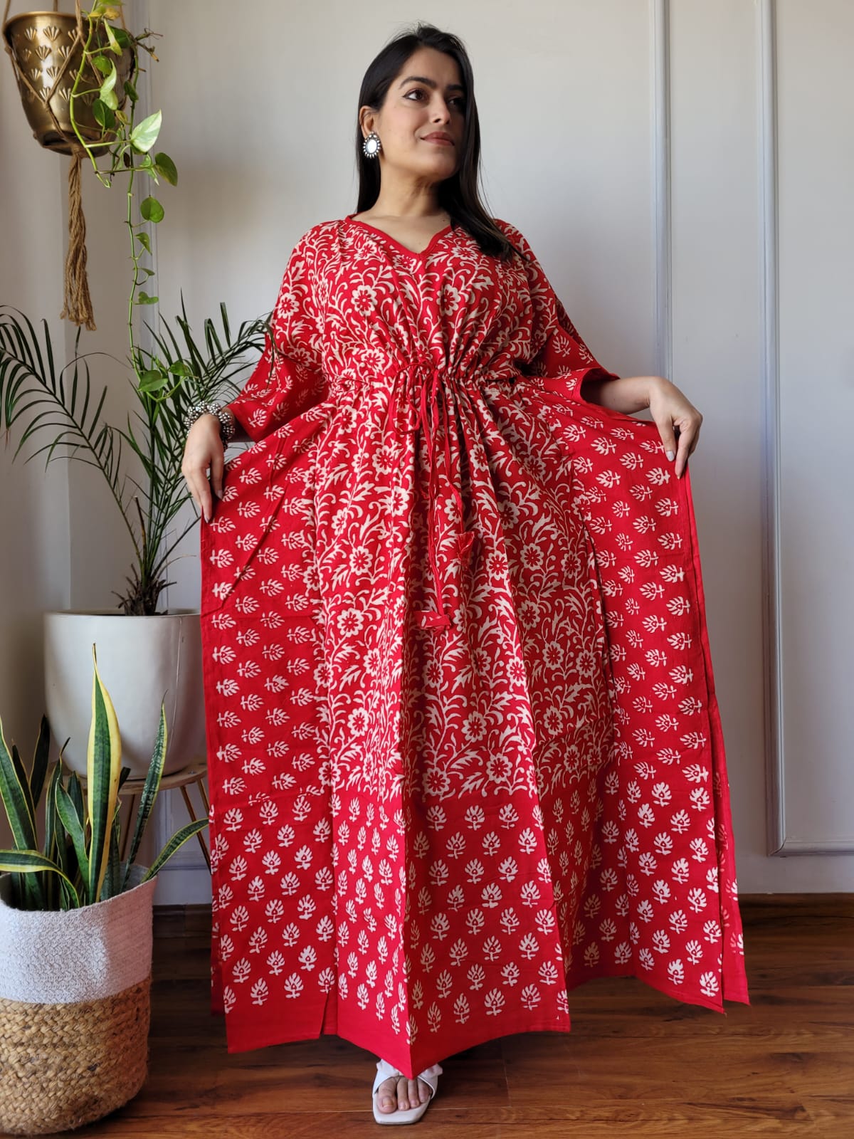 Hand Block Printed 100% Pure Cotton Kaftan Maroon Red