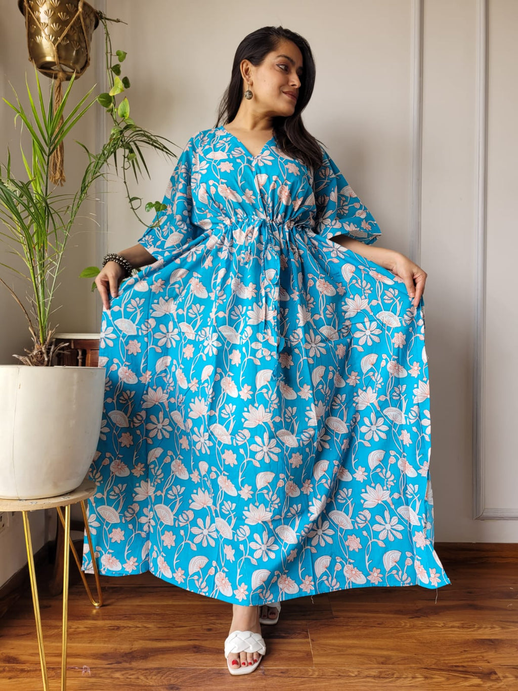 Hand Block Printed 100% Pure Cotton Kaftan SkyBlue