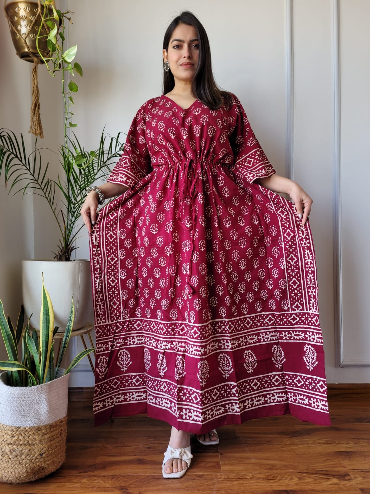 Hand Block Printed 100% Pure Cotton Kaftan Maroon Red