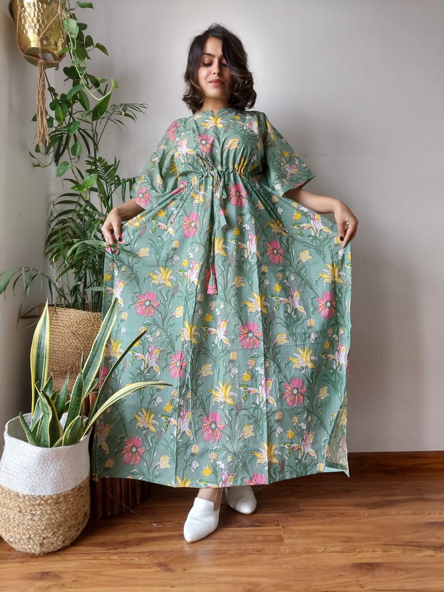Hand Block Printed 100% Pure Cotton Kaftan green