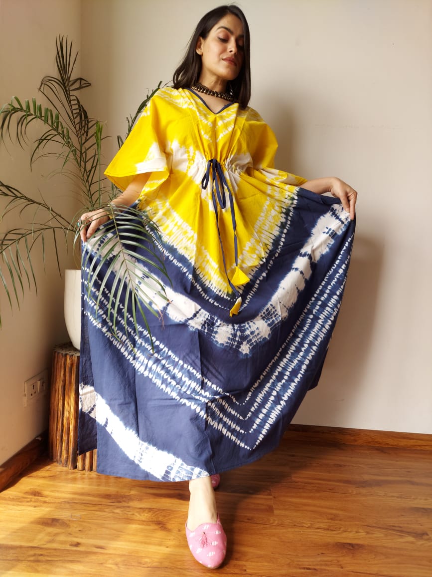 Hand Block Printed 100% Pure Cotton Kaftan YELLOW