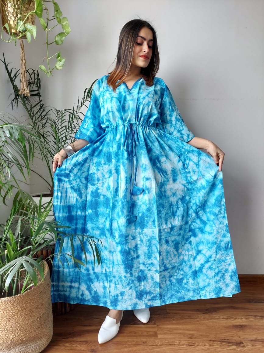 Hand Block Printed 100% Pure Cotton Kaftan SkyBlue