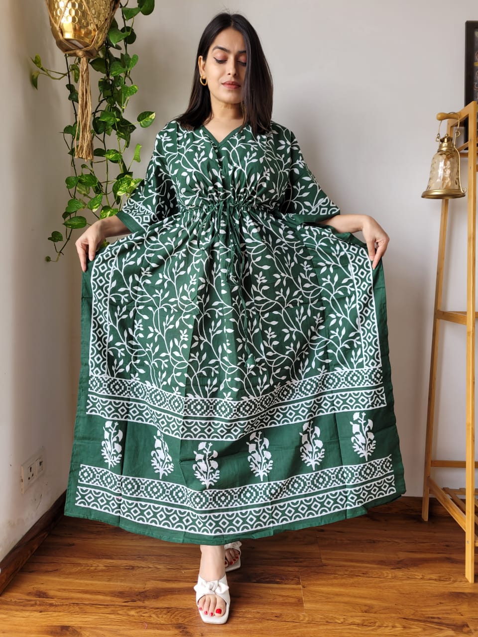 Hand Block Printed 100% Pure Cotton Kaftan green