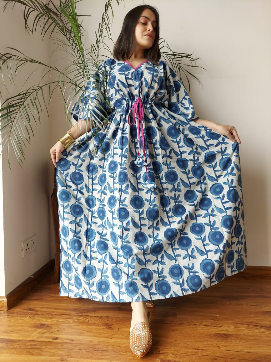Hand Block Printed 100% Pure Cotton Kaftan Indigo