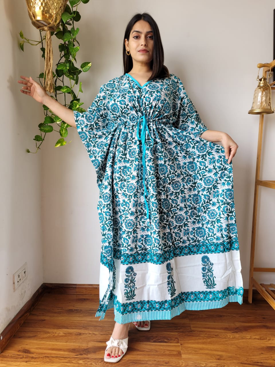 Hand Block Printed 100% Pure Cotton Kaftan SkyBlue