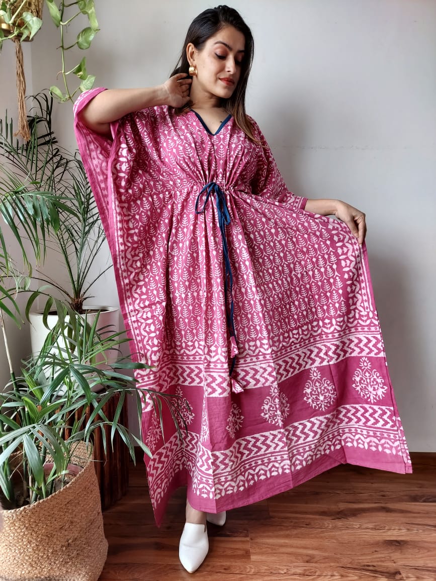 Hand Block Printed 100% Pure Cotton Kaftan Maroon Red