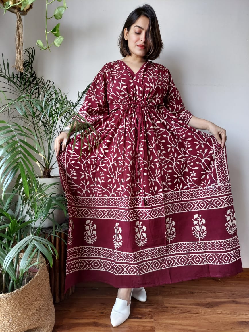 Hand Block Printed 100% Pure Cotton Kaftan Maroon Red
