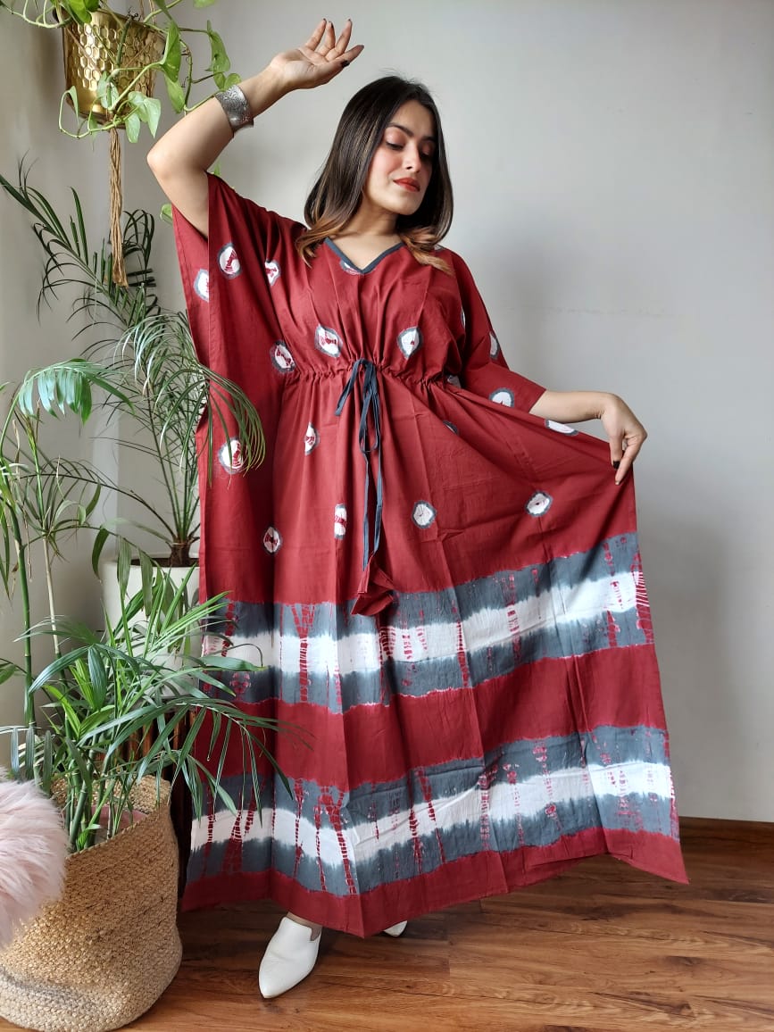 Hand Block Printed 100% Pure Cotton Kaftan Maroon Red
