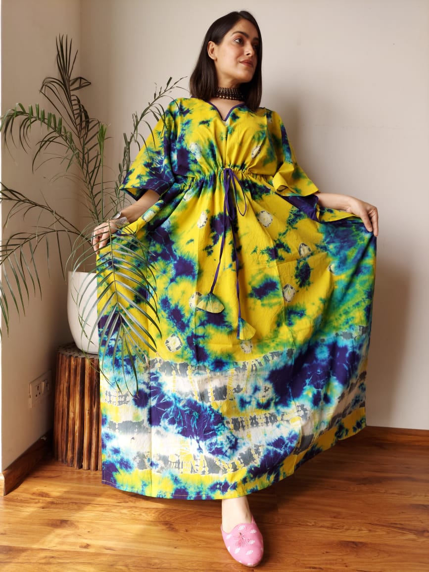 Hand Block Printed 100% Pure Cotton Kaftan YELLOW
