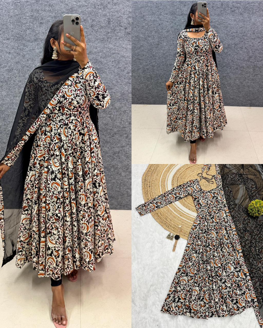 Pure Cotton Kalamkari Hand Block Print Anarkali Gown With Georgette Dupatta