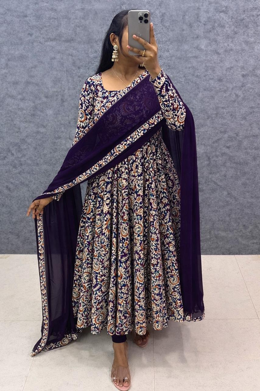 Pure Cotton Kalamkari Hand Block Print Anarkali Gown With Georgette Dupatta