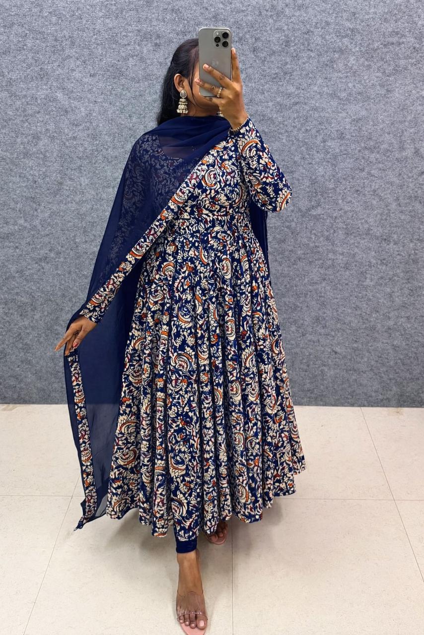 Pure Cotton Kalamkari Hand Block Print Anarkali Gown With Georgette Dupatta