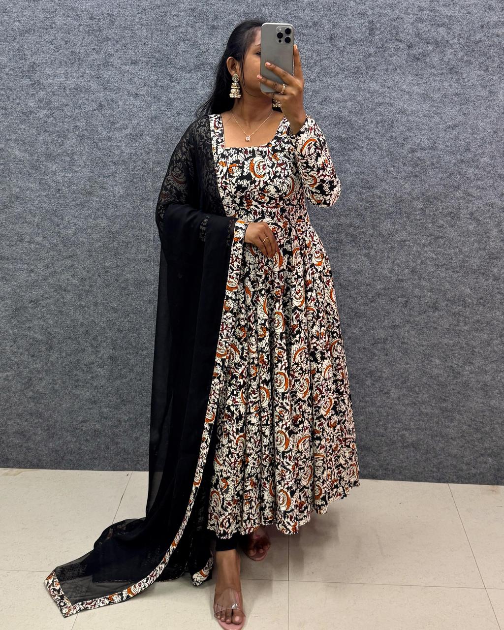 Pure Cotton Kalamkari Hand Block Print Anarkali Gown With Georgette Dupatta