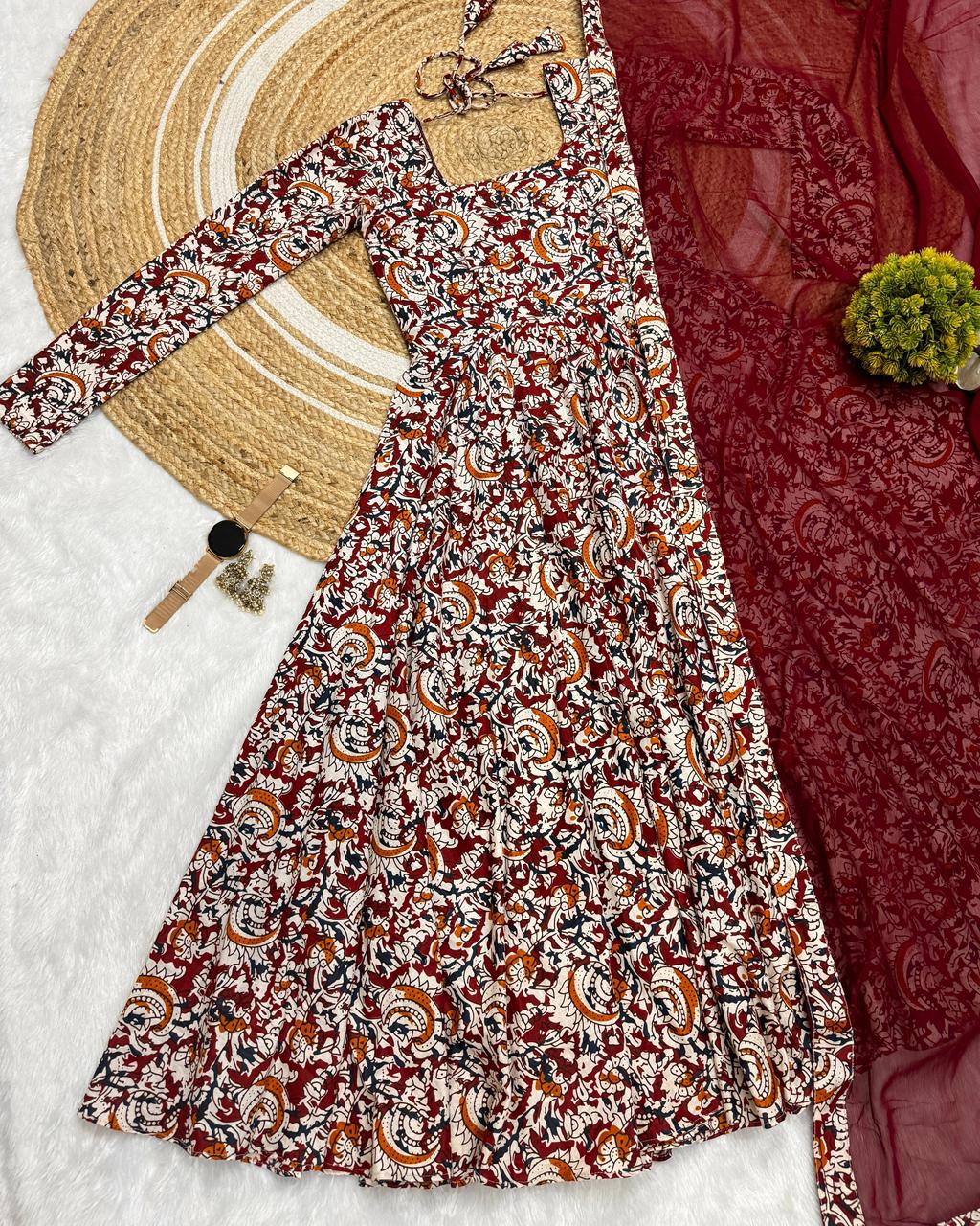 Pure Cotton Kalamkari Hand Block Print Anarkali Gown With Georgette Dupatta