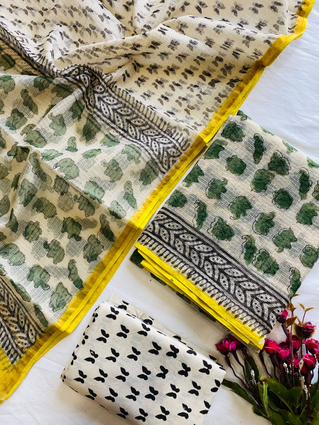 Handblock Printed Pure Kota Doria white Suit Set