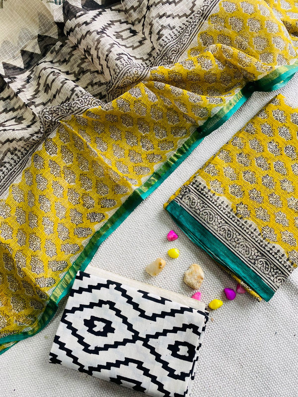 Handblock Printed Pure Kota Doria yellow Suit Set
