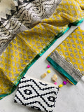 Handblock Printed Pure Kota Doria yellow Suit Set
