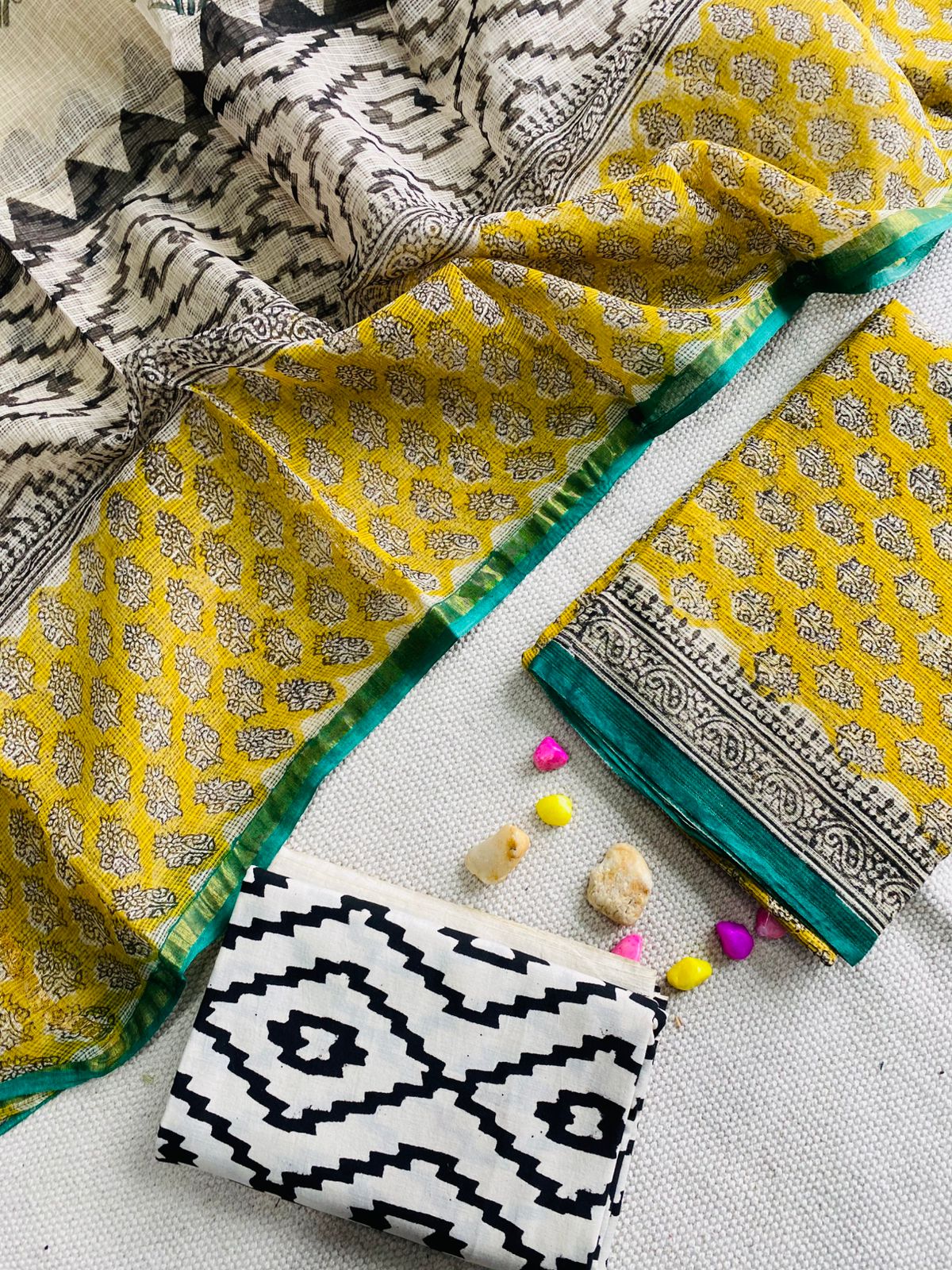 Handblock Printed Pure Kota Doria yellow Suit Set