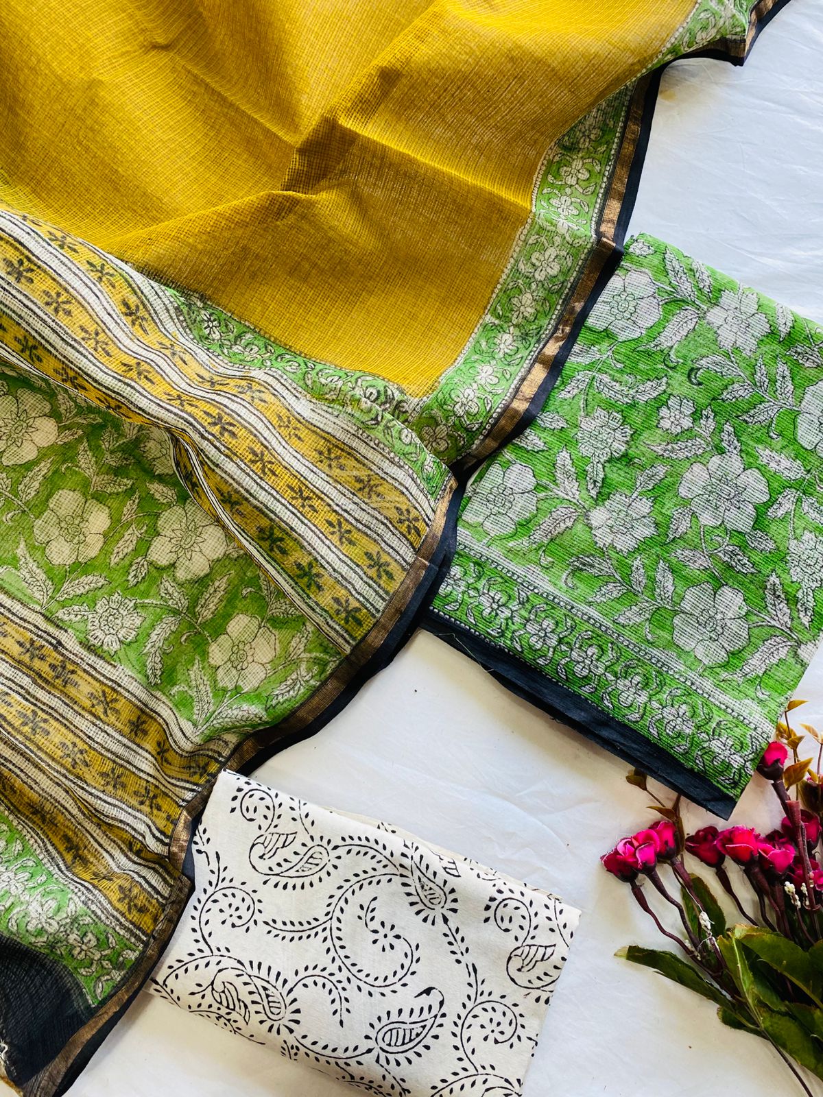 Handblock Printed Pure Kota Doria green Suit Set