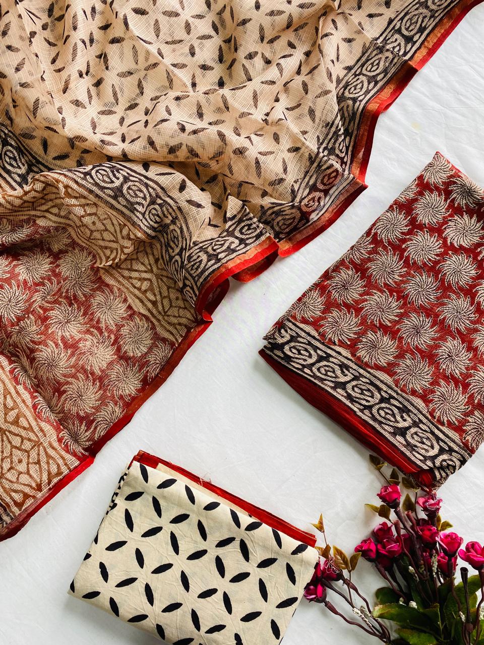 Handblock Printed Pure Kota Doria maroon Suit Set