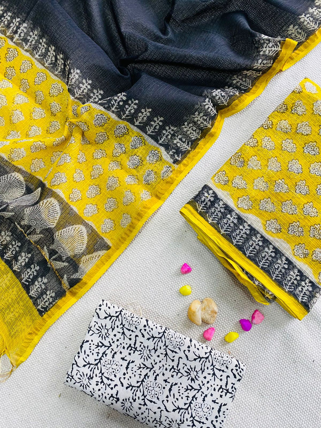 Handblock Printed Pure Kota Doria yellow Suit Set