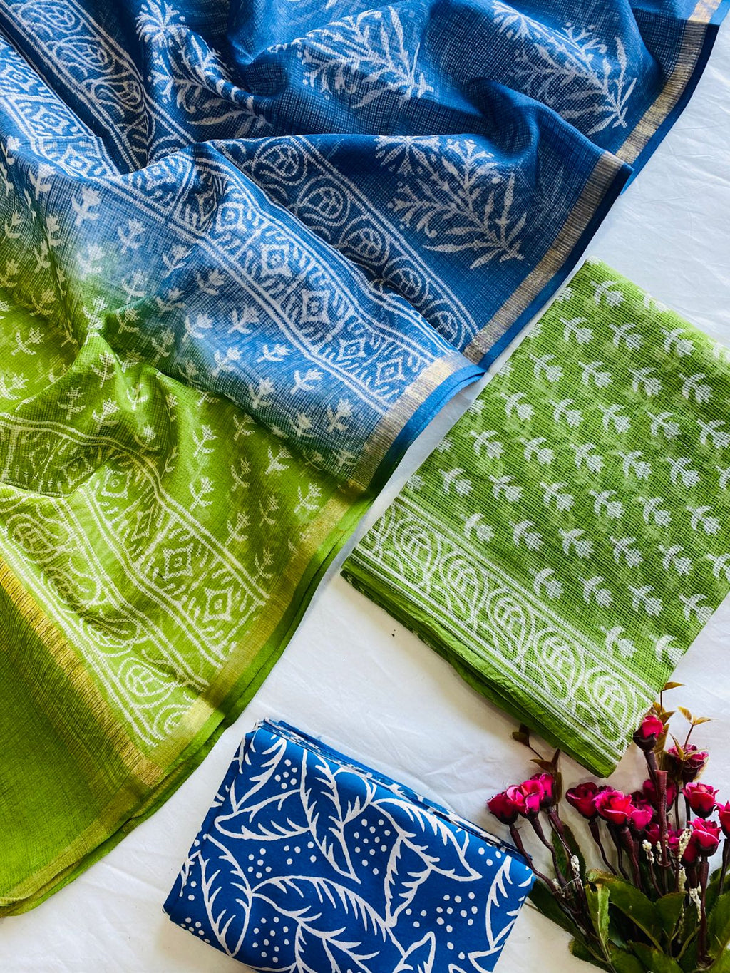 Handblock Printed Pure Kota Doria green Suit Set
