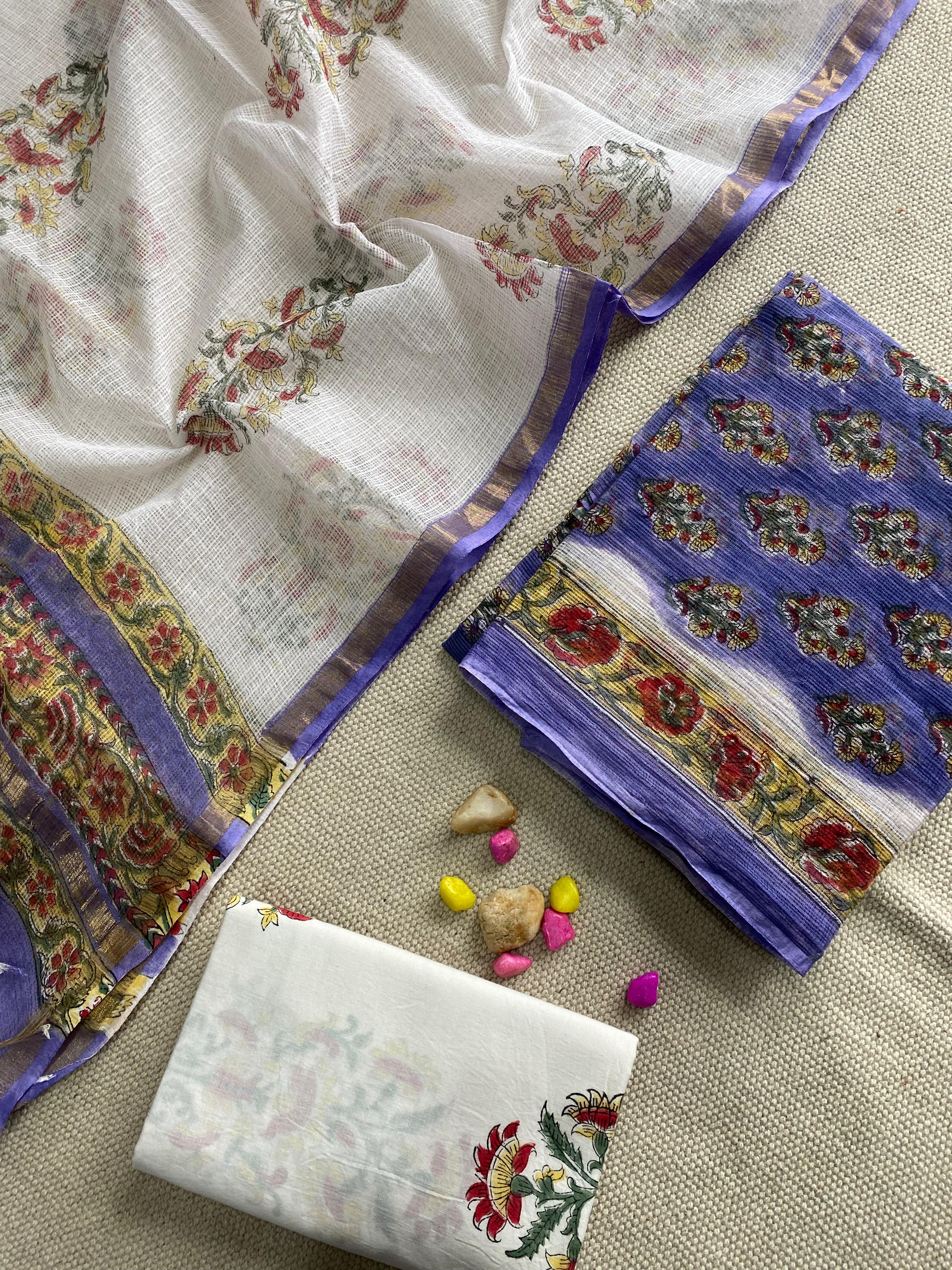Handblock Printed Pure Kota Doria white Suit Set