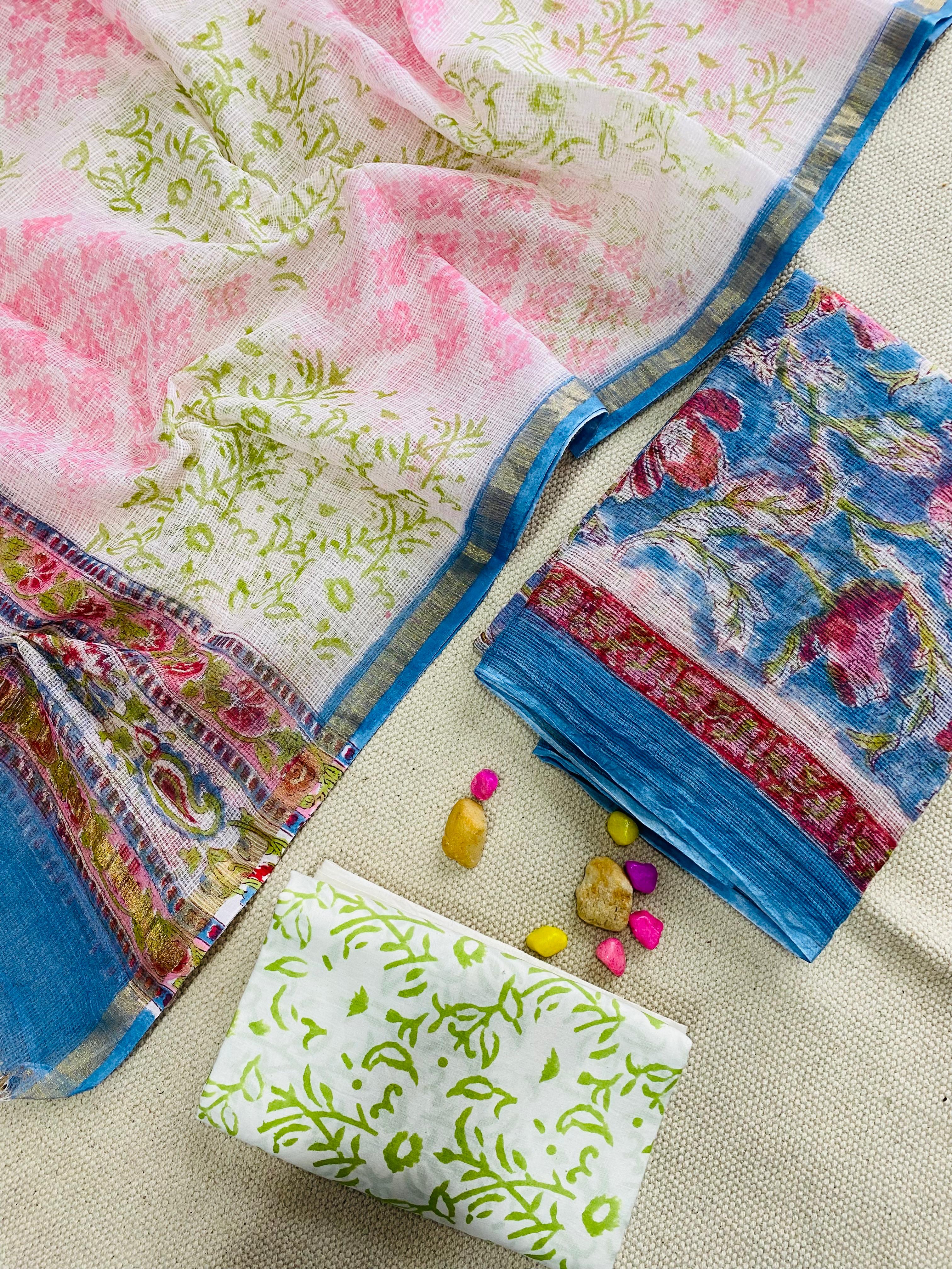 Handblock Printed Pure Kota Doria purple Suit Set