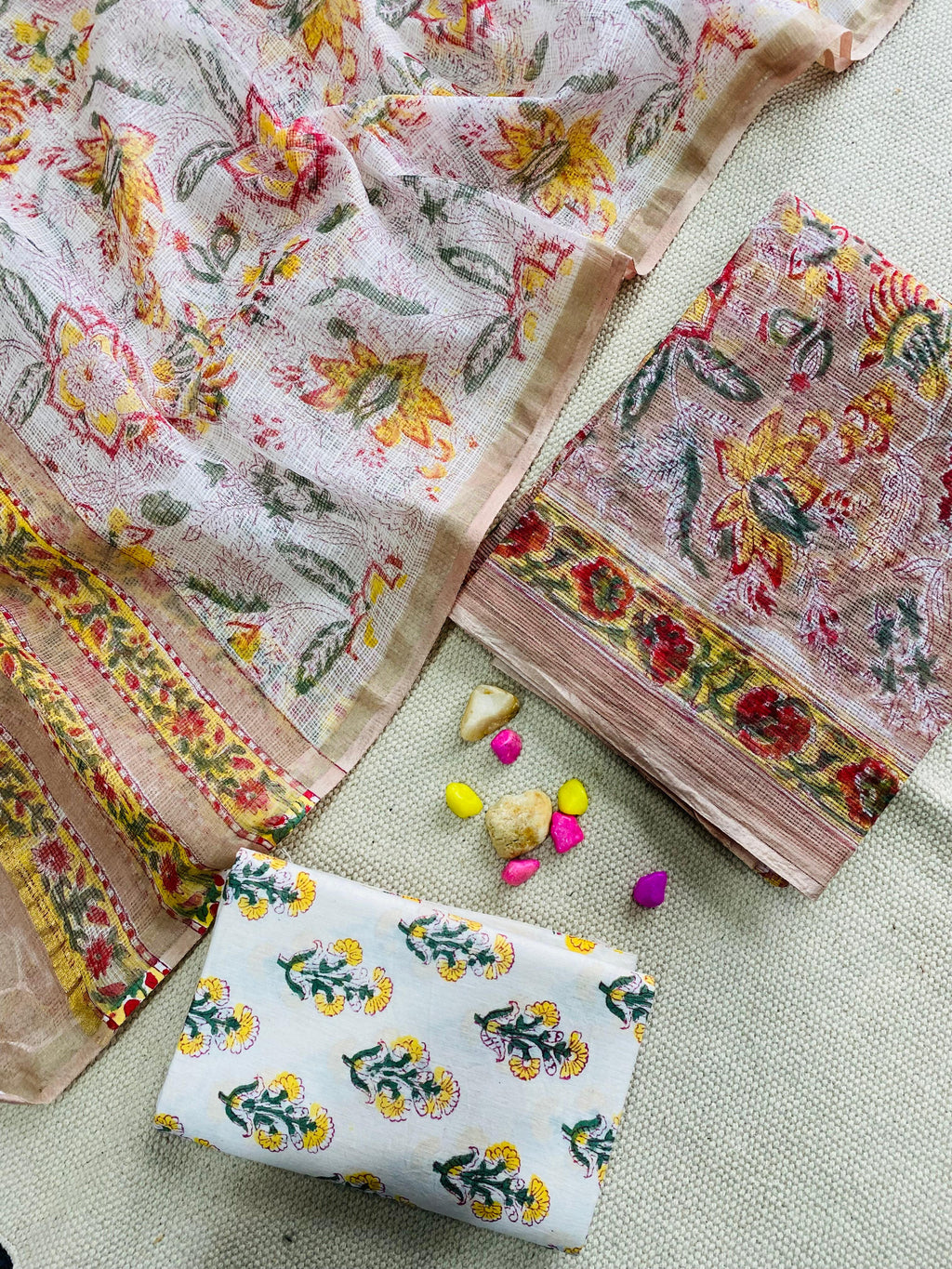 Handblock Printed Pure Kota Doria white Suit Set