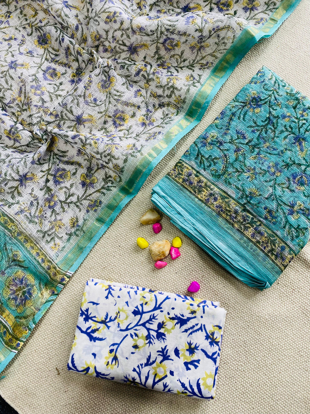 Handblock Printed Pure Kota Doria green Suit Set