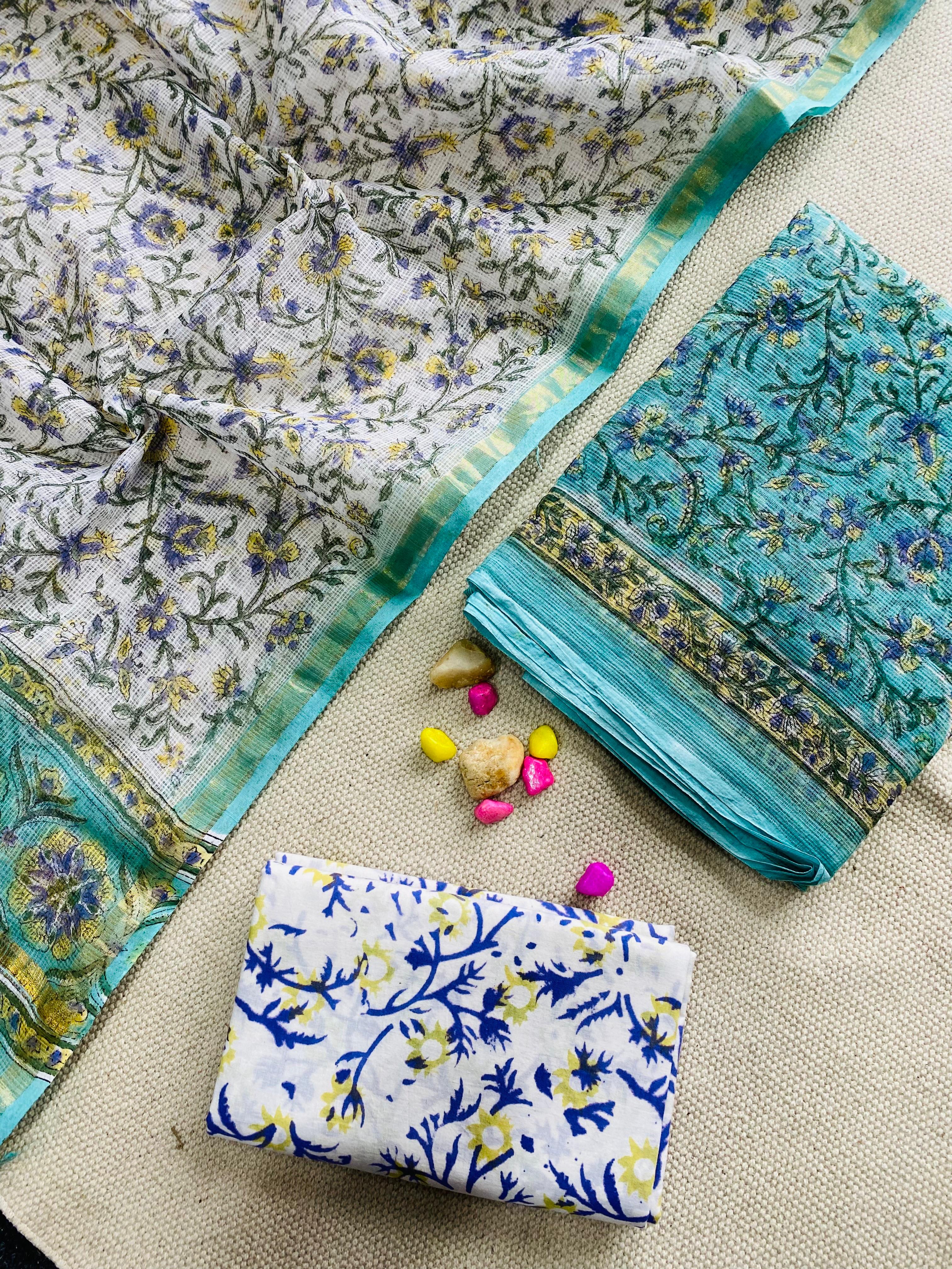 Handblock Printed Pure Kota Doria green Suit Set