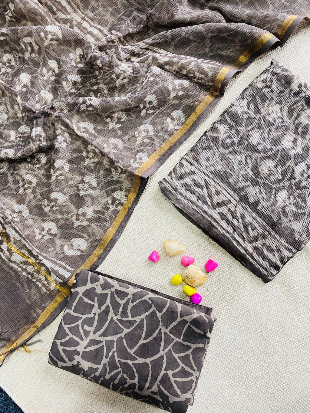 Handblock Printed Pure Kota Doria black Suit Set