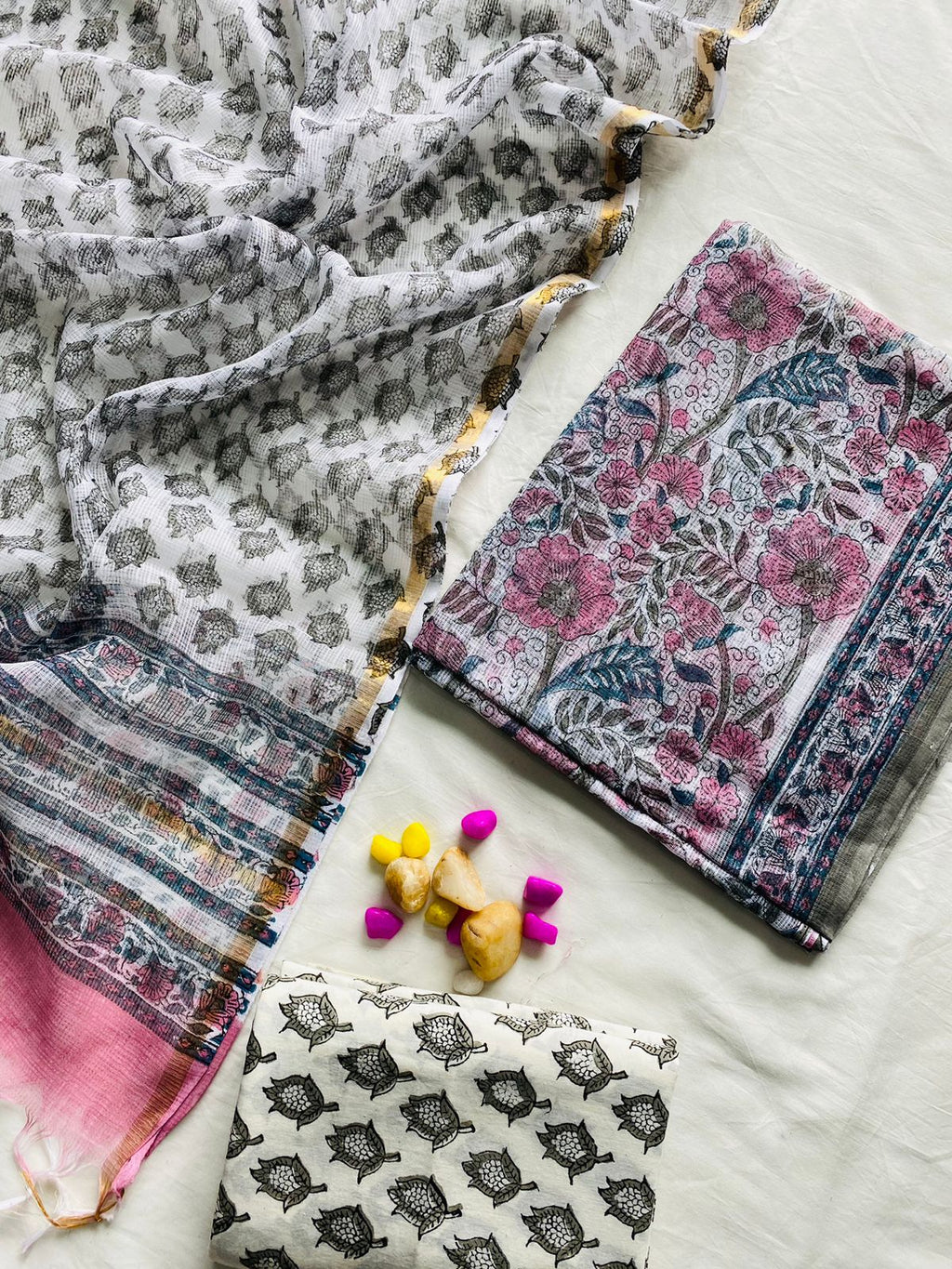 Handblock Printed Pure Kota Doria white Suit Set