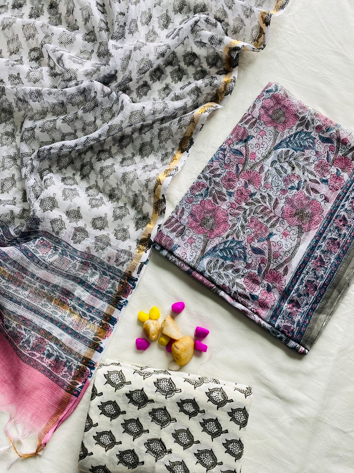 Handblock Printed Pure Kota Doria white Suit Set