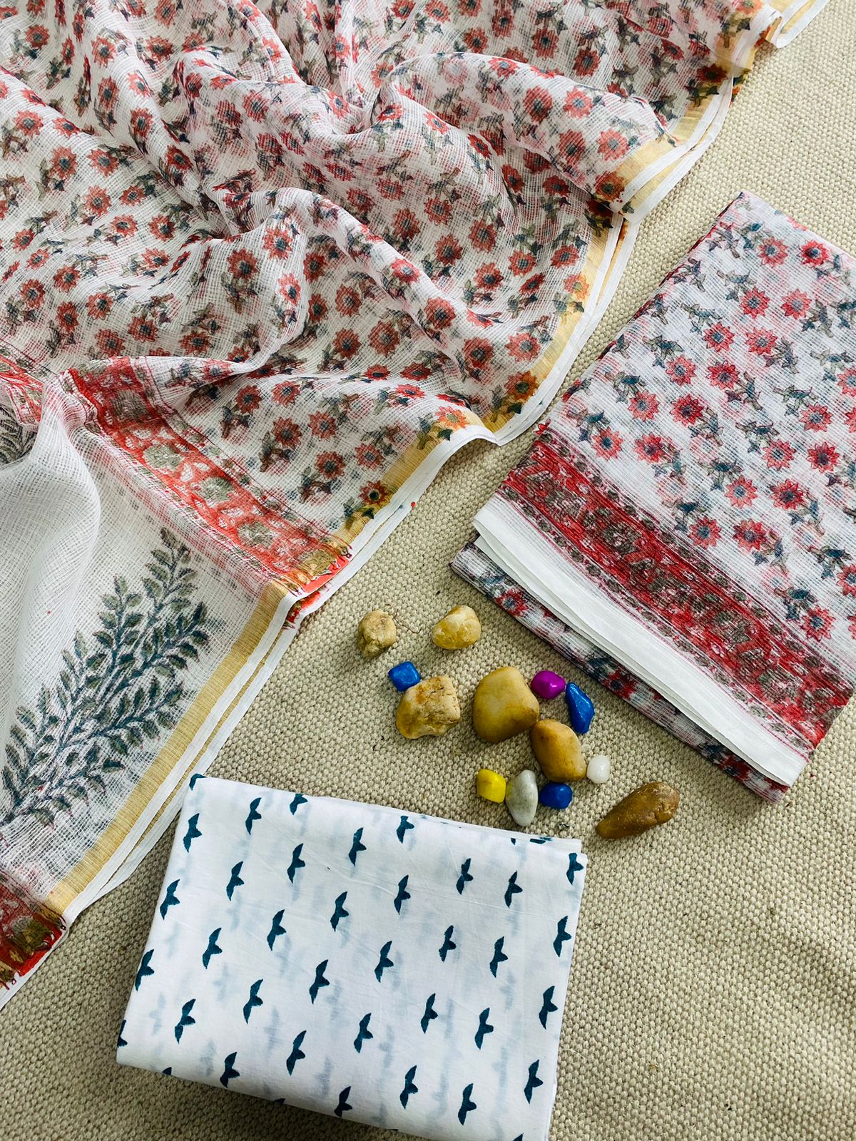 Handblock Printed Pure Kota Doria white Suit Set