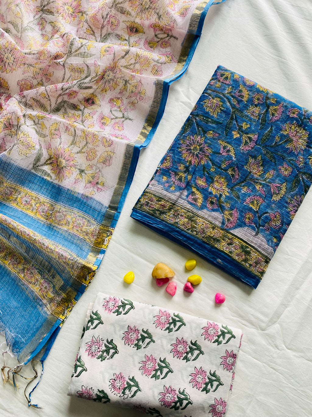 Handblock Printed Pure Kota Doria white Suit Set