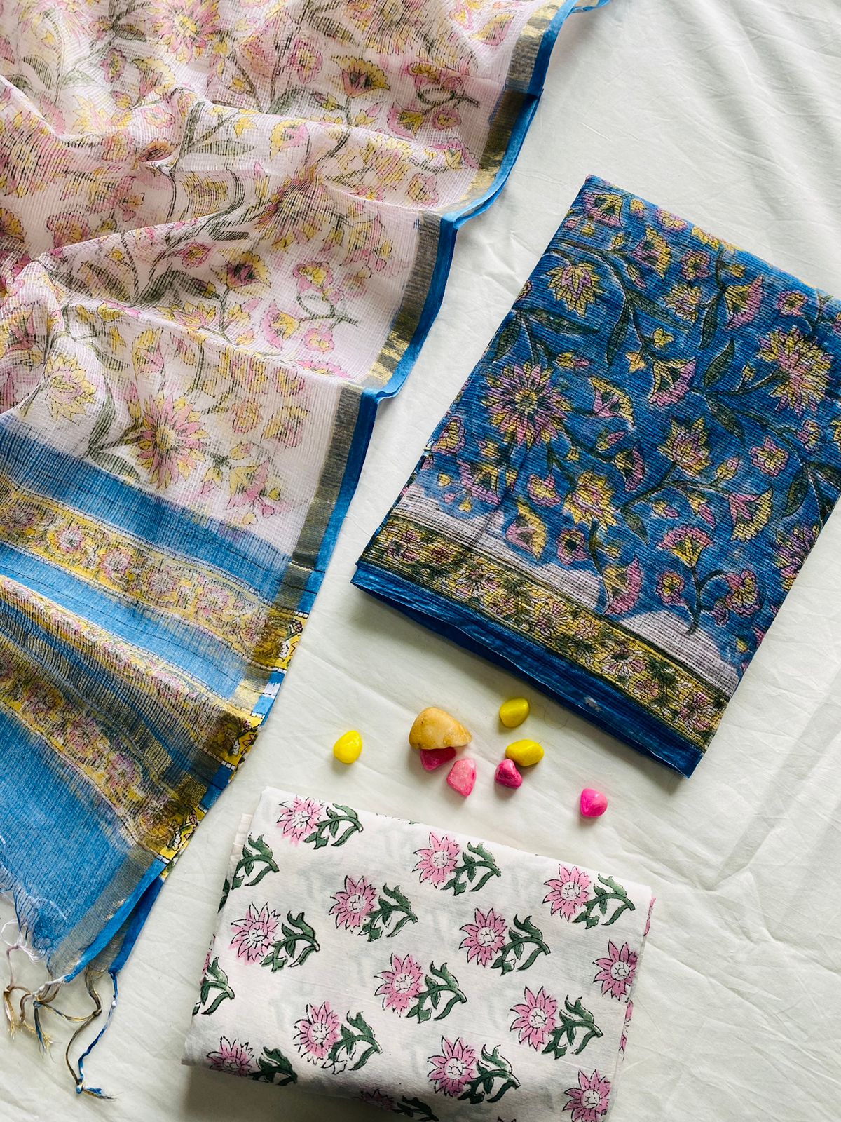 Handblock Printed Pure Kota Doria white Suit Set