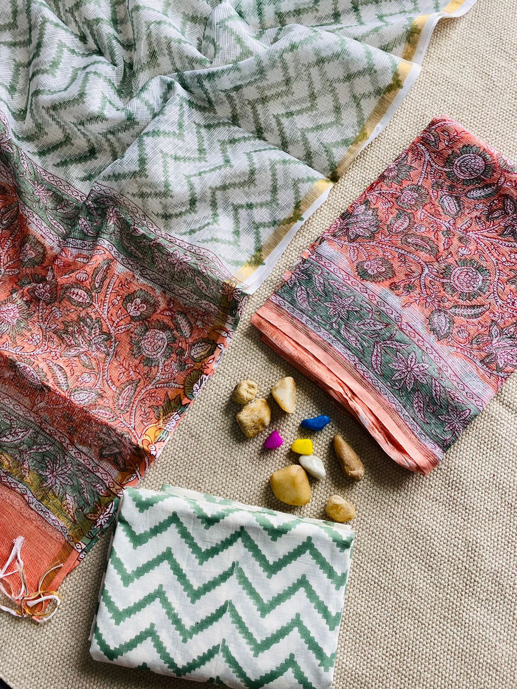 Handblock Printed Pure Kota Doria white Suit Set