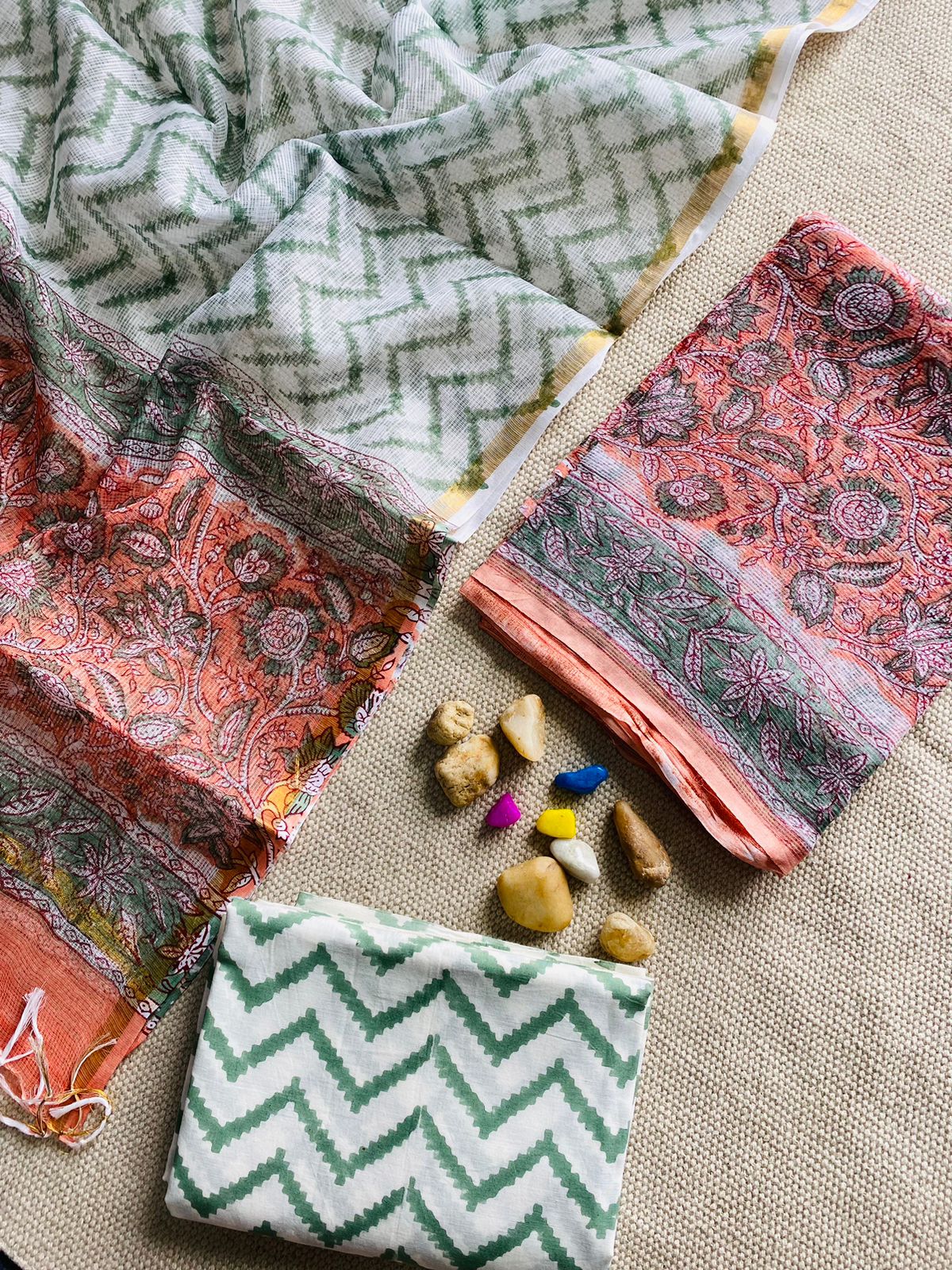 Handblock Printed Pure Kota Doria white Suit Set