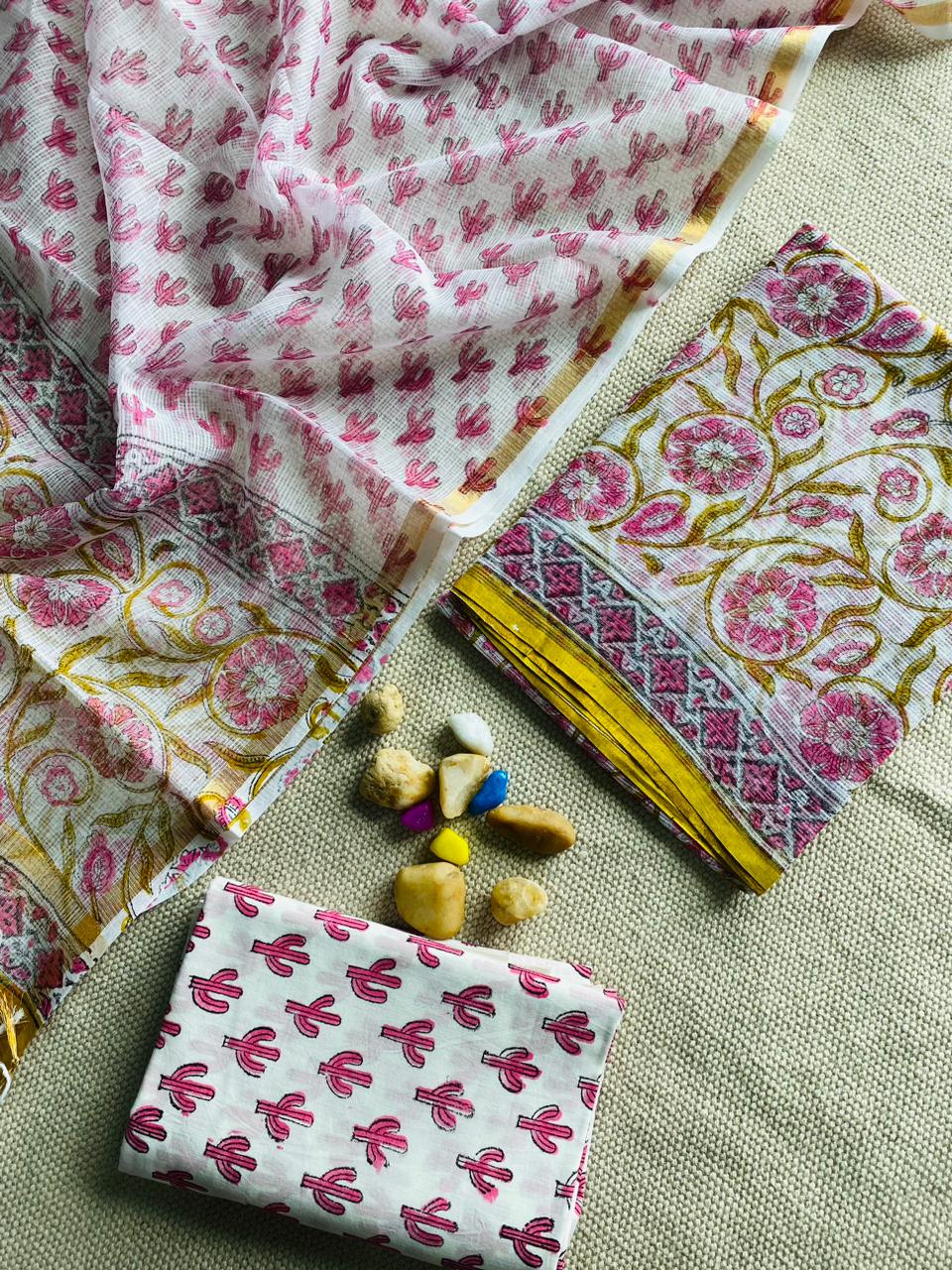 Handblock Printed Pure Kota Doria white Suit Set