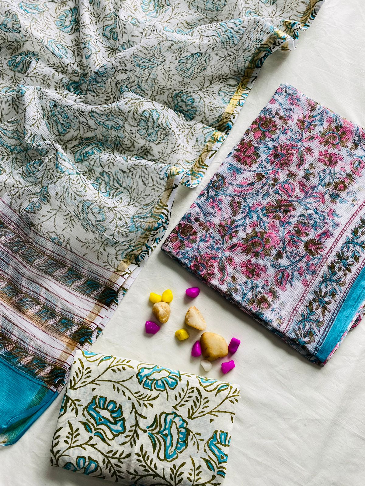 Handblock Printed Pure Kota Doria grey Suit Set